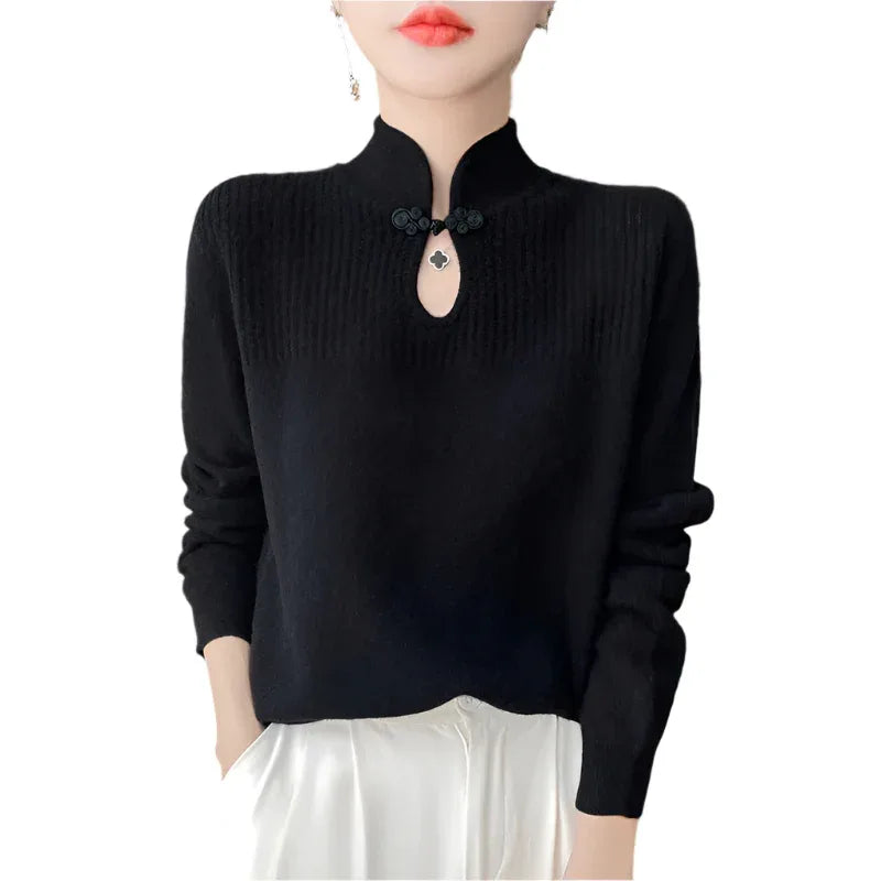 Retro Buckle Vertical Collar Sweater For Women
