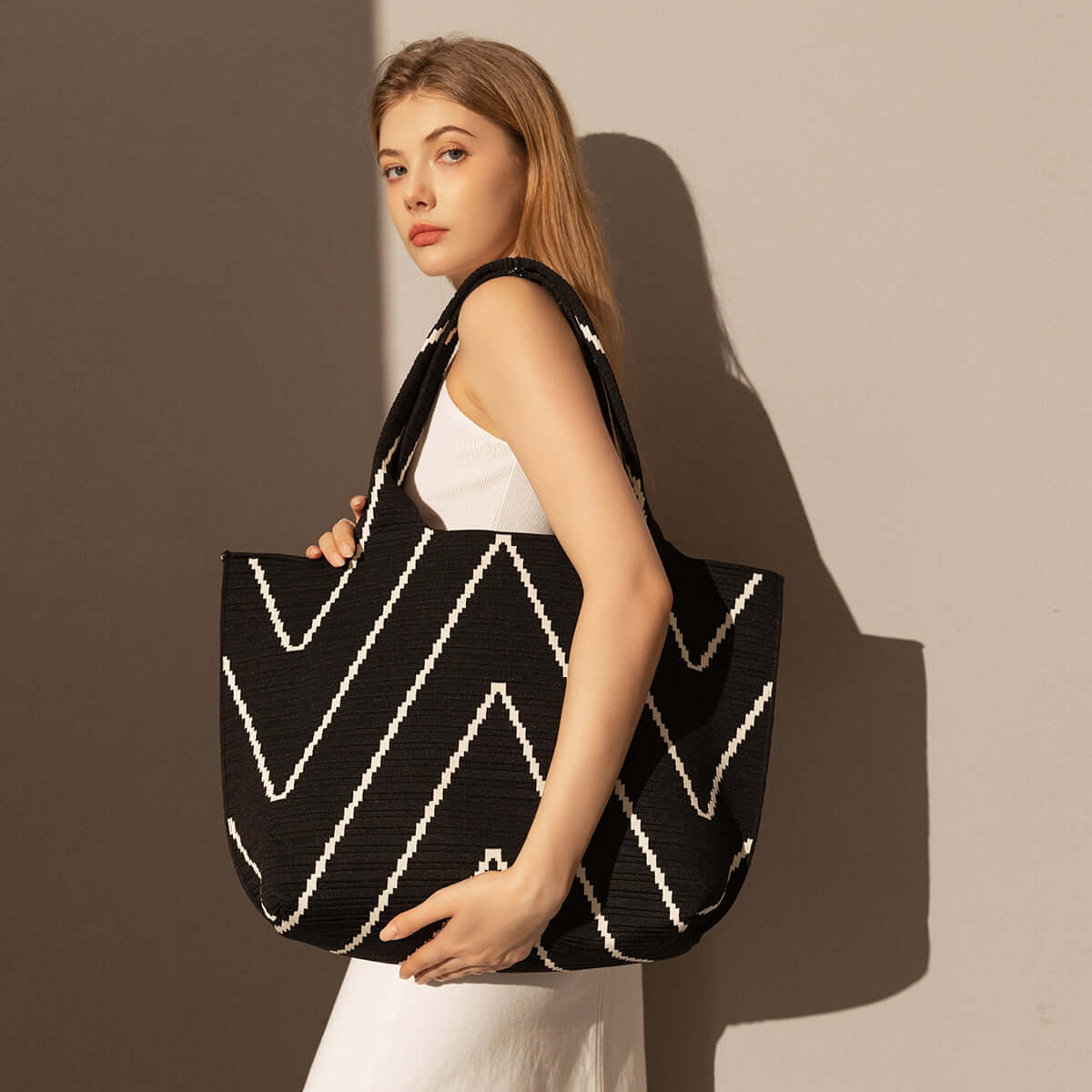 Retro Chevron Black Canvas Tote Bag-3