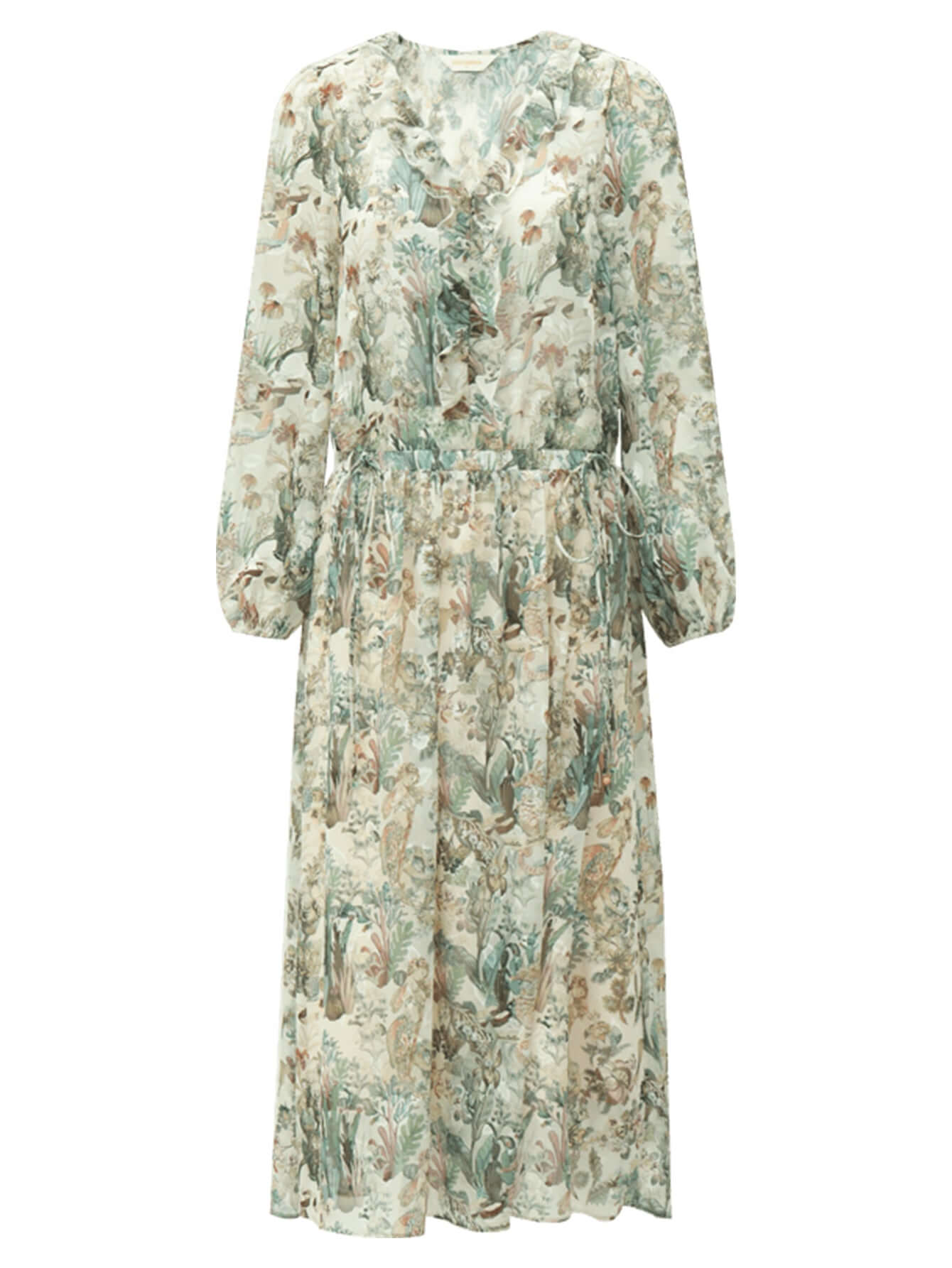 Romantic Floral Long Sleeved Floral Green Midi Dress-3