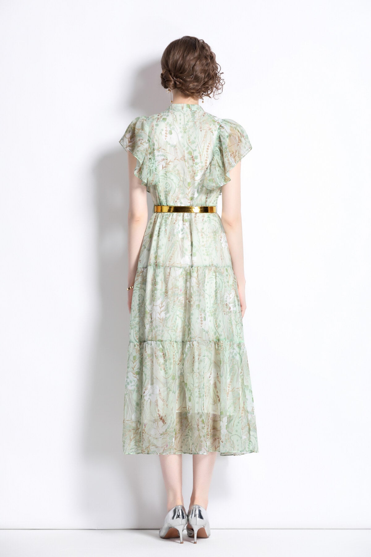 Ruffled Short Sleeve Belted Mint Green Midi Dress-3