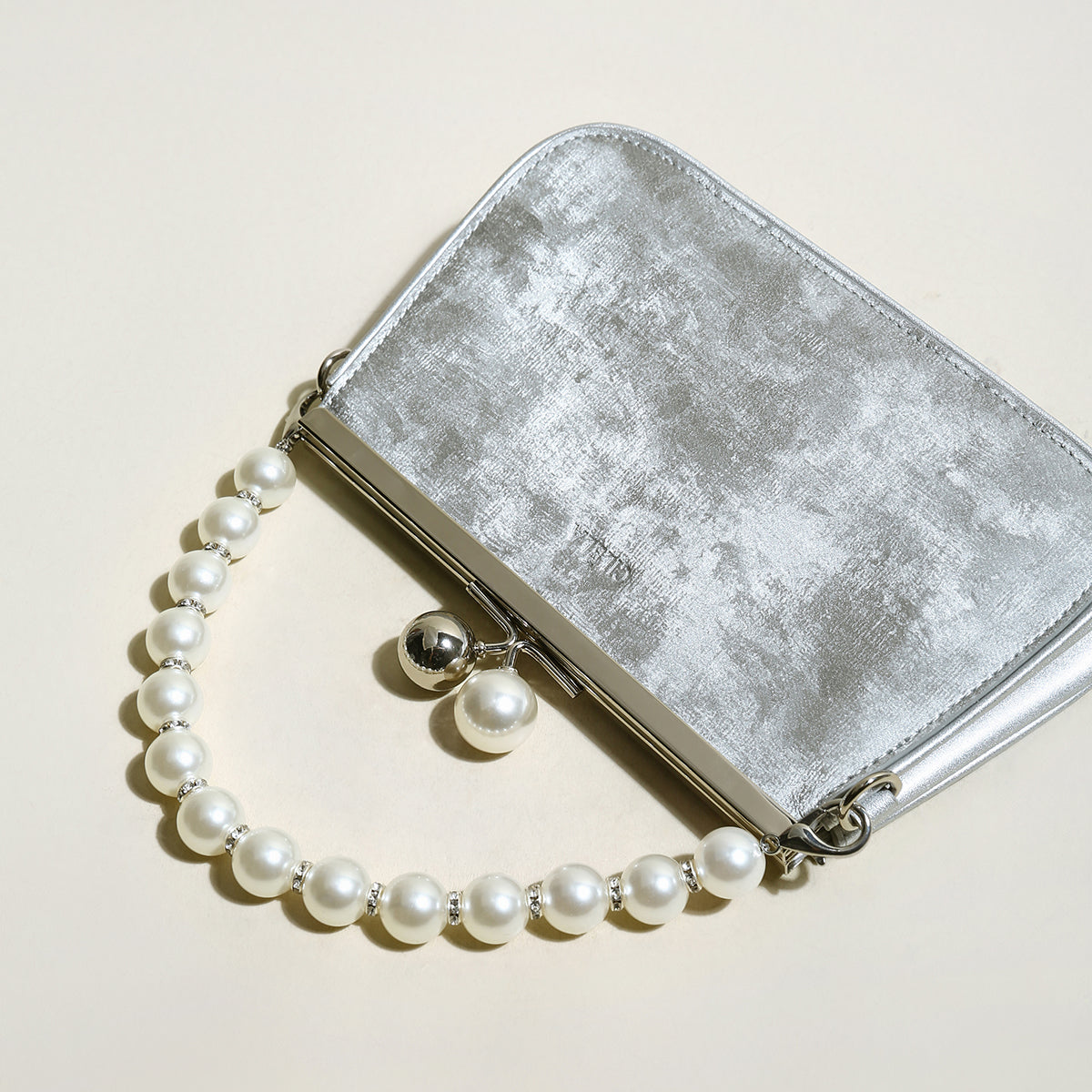 Silver Pearl Ball Clasp Top Handle Bag-2