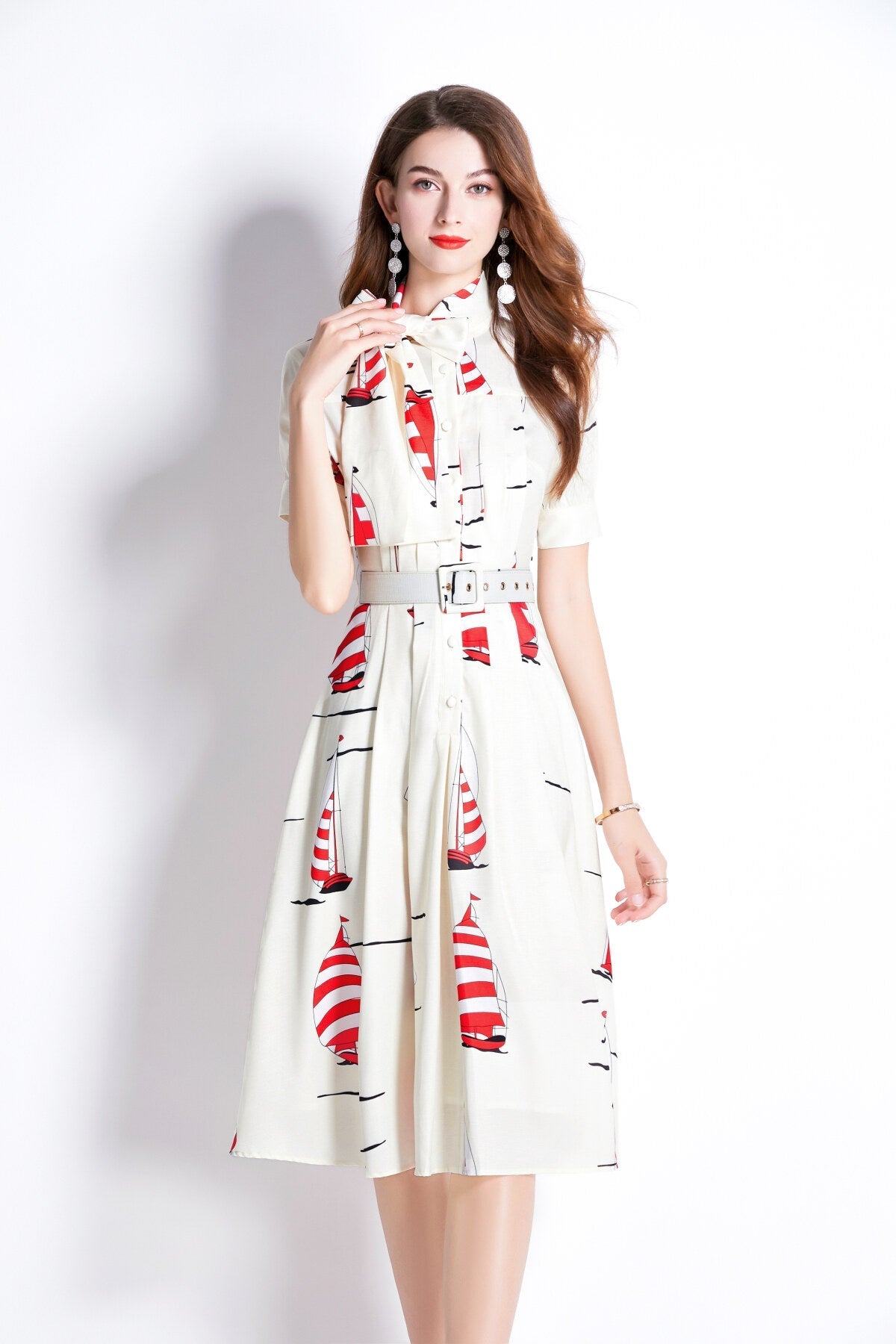 Slim Fit Flattering Sailing French White Flared Dress-2