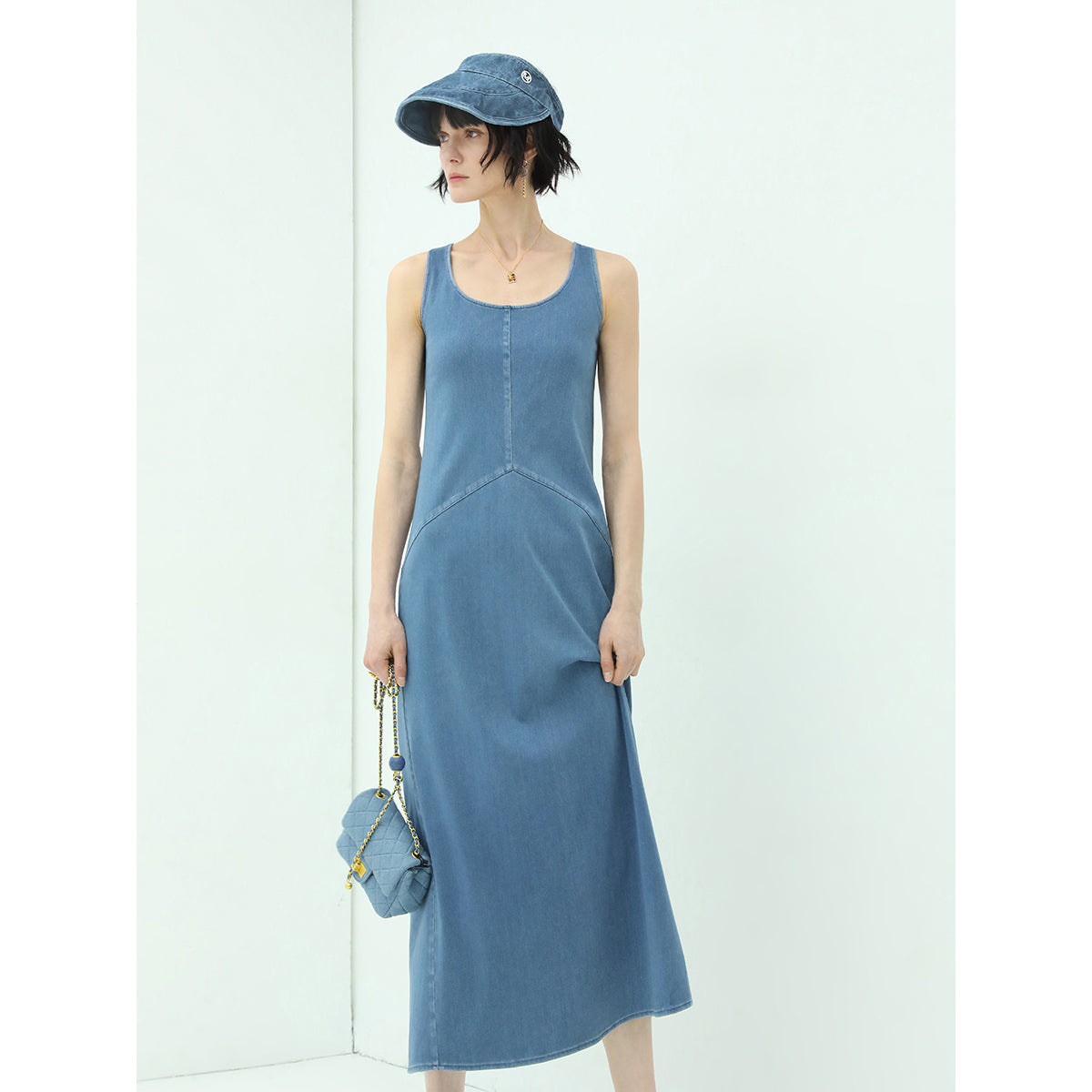 Sporty Scoop Neck Blue Denim Tank Dress-1