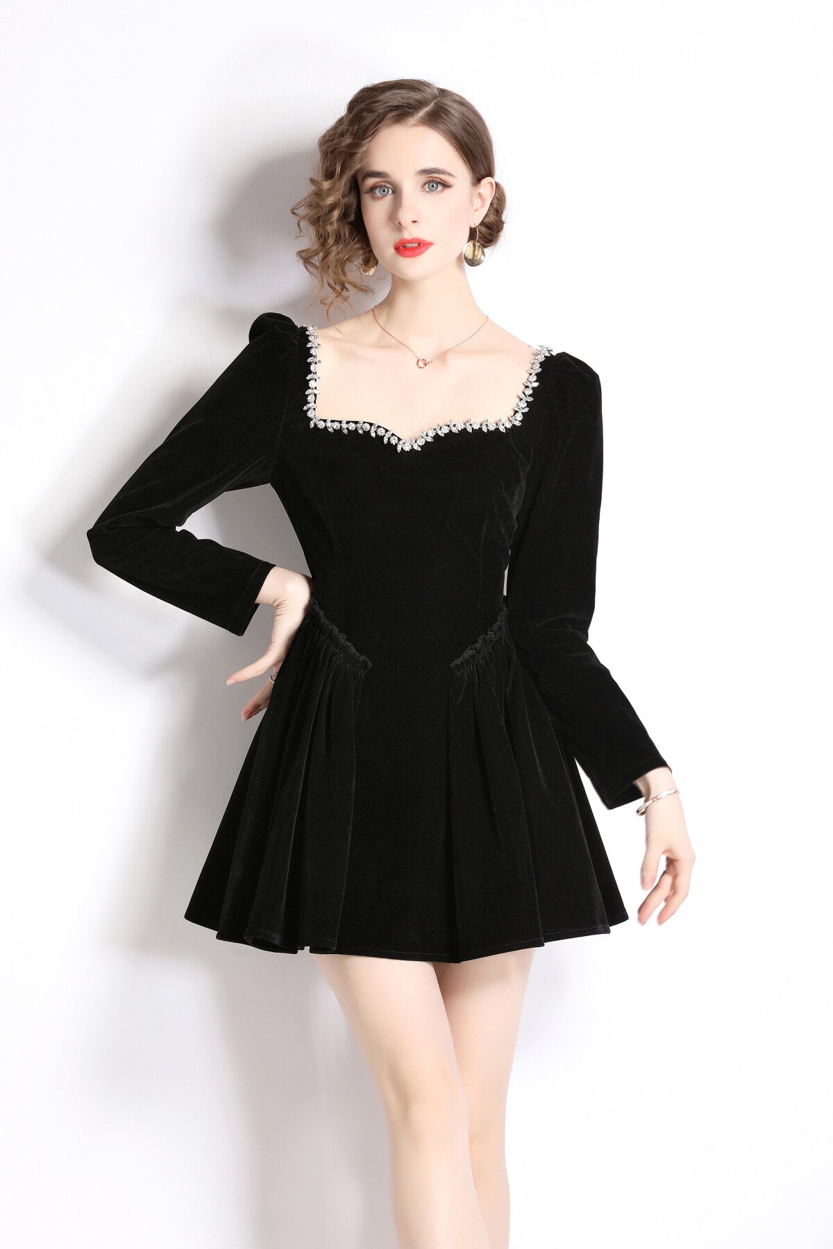 Square Neck Mid Waist Black Vintage Heavy Beaded Velvet Dress-1