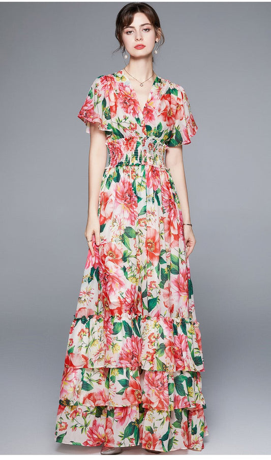 Stretchy Floral V Neck Ruffled Waist Maxi  Dress-0