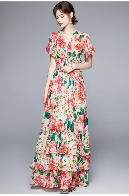 Stretchy Floral V Neck Ruffled Waist Maxi  Dress-1