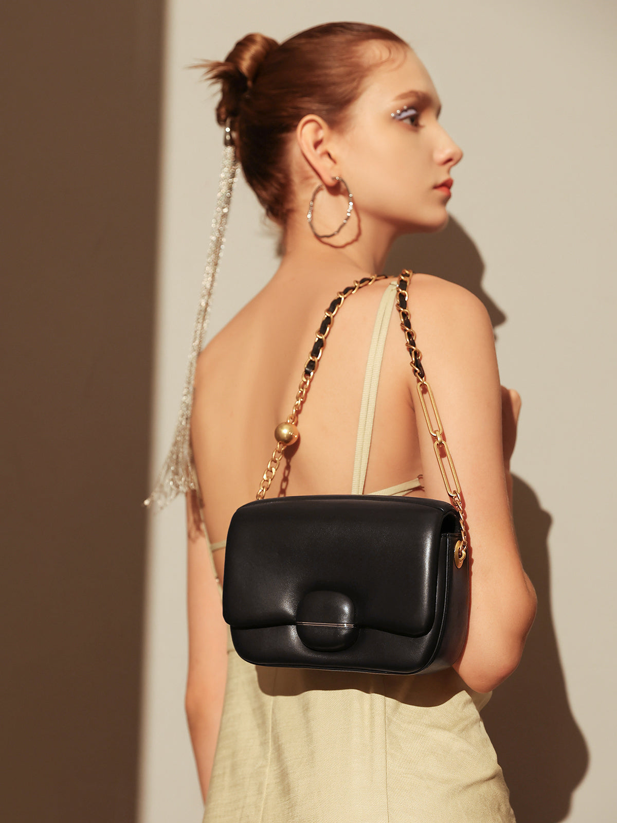 Structured Buckle Leather Shoulder Bag-3