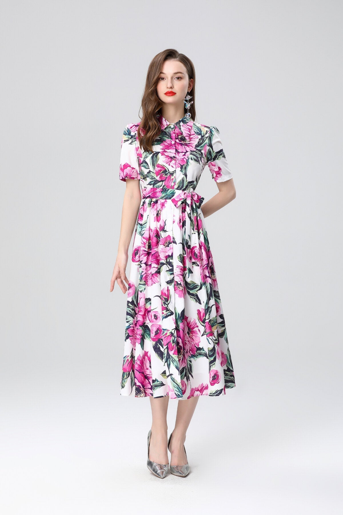 Summery Floral Midi Shirt Dress-2