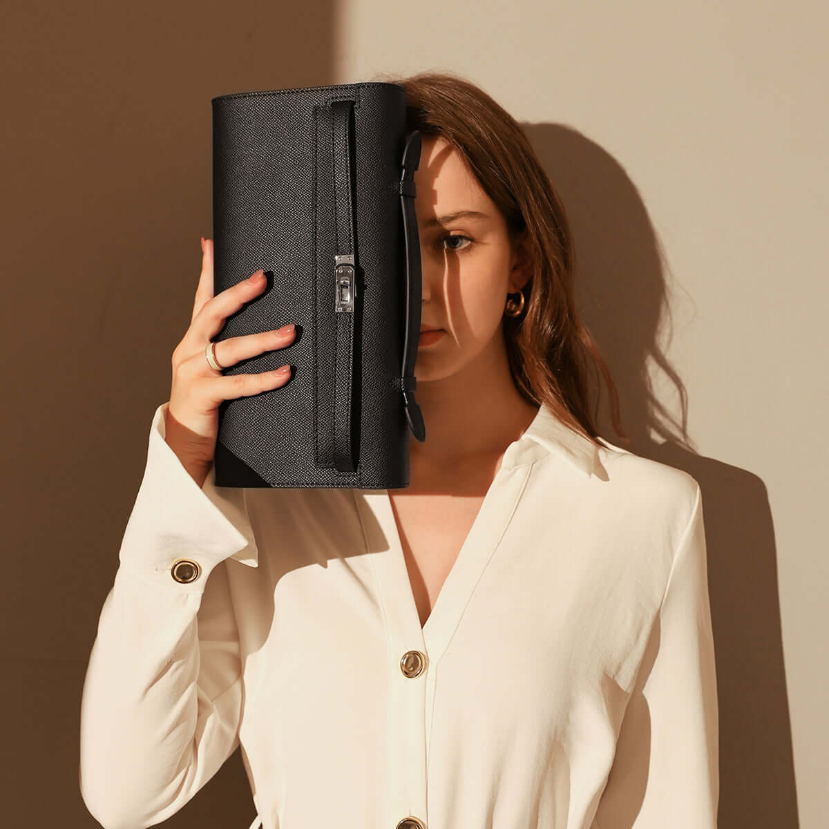 Top-Handle Leather Clutch Bag with Silver Hardware-2