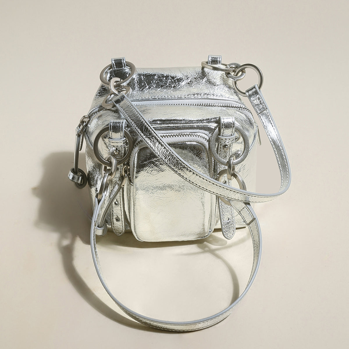 Two Way Shiny Wrinkled Leather Shoulder Bag-5