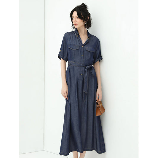 Utilitarian Belted Crêpe Navy Denim Shirt Dress-1