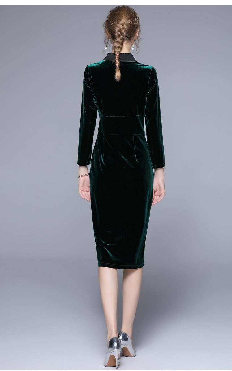 Velvet Green Slim Fit Midi Pencil Dress-3