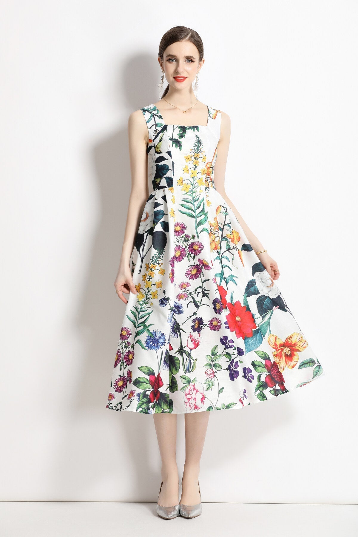 Vintage White Floral High Waisted Thick Strap Dress-2