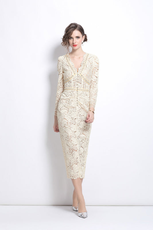 White Cutout Lace Dress with Inner Slip-0